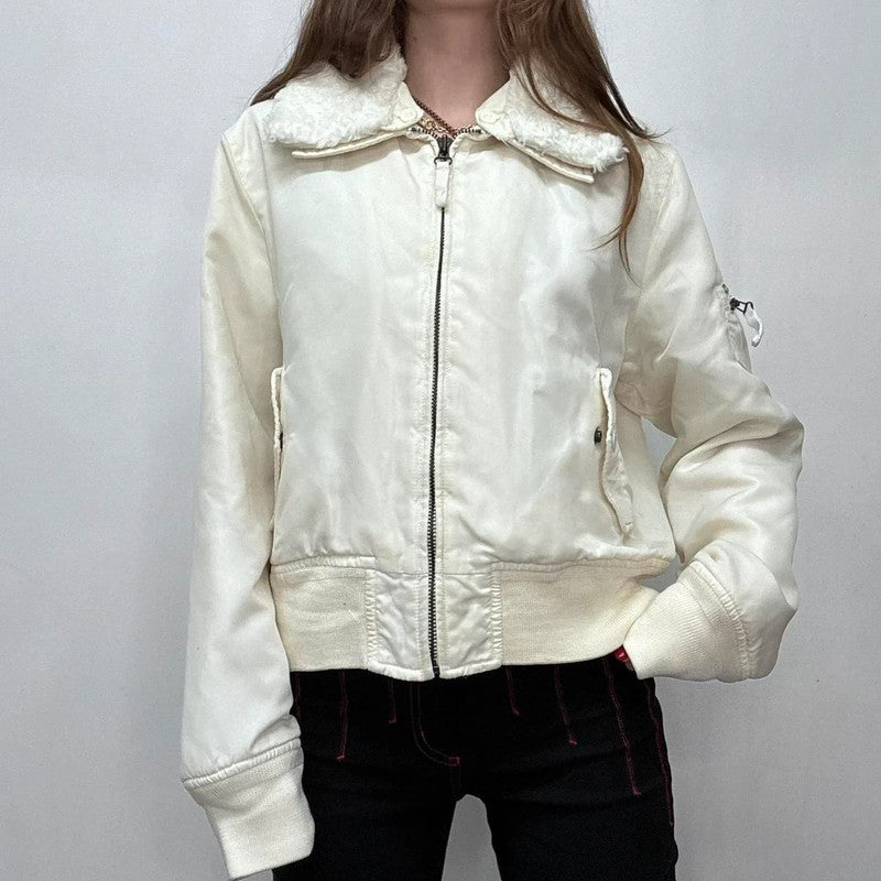 cream slouchy fur bomber jacket