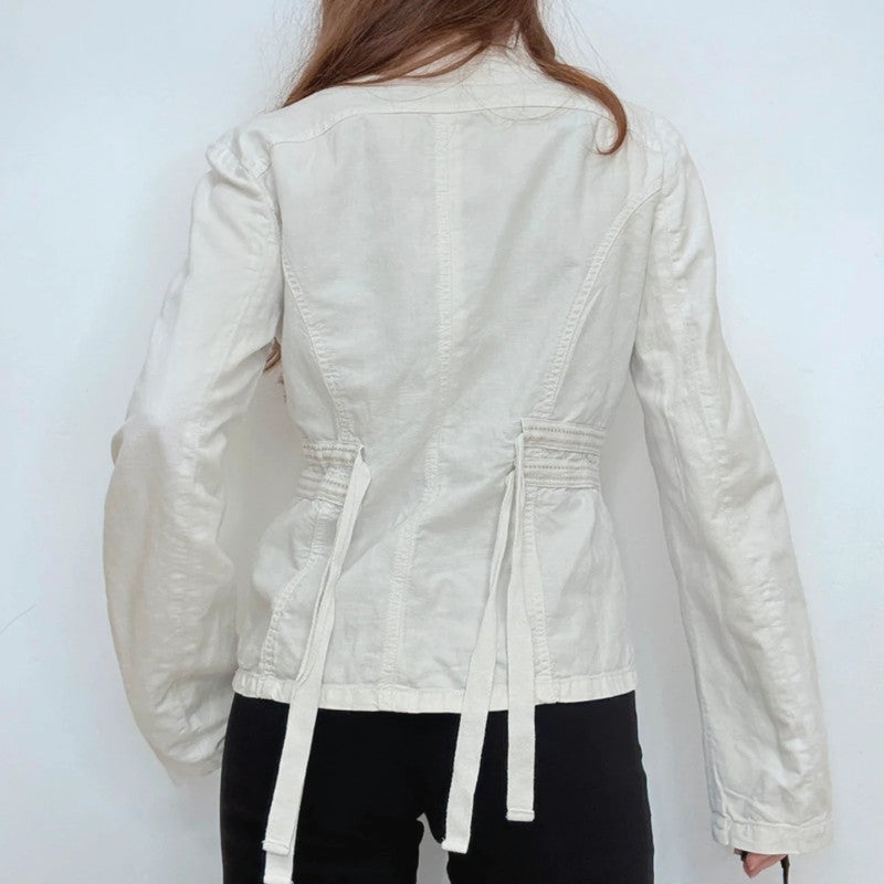 white linen fitted flared regency napoleonic jacket