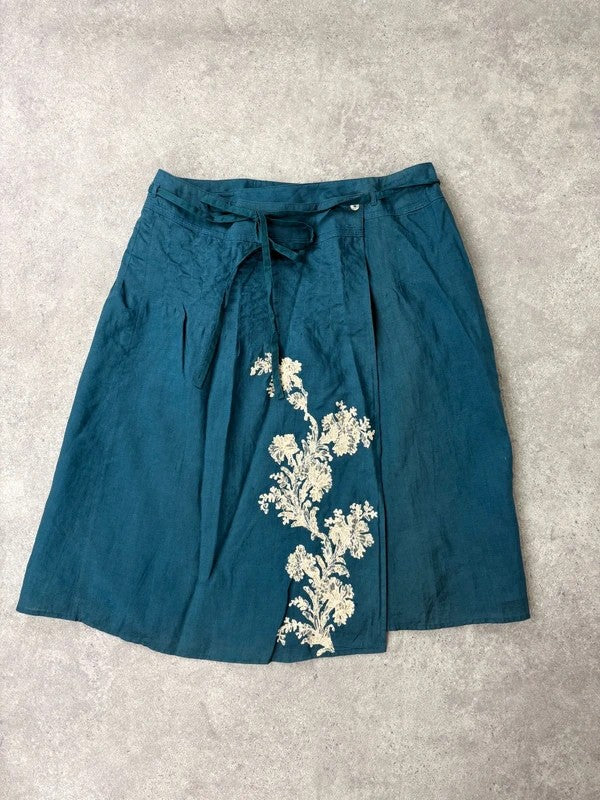 blue linen embroidered wrap lace midi skirt