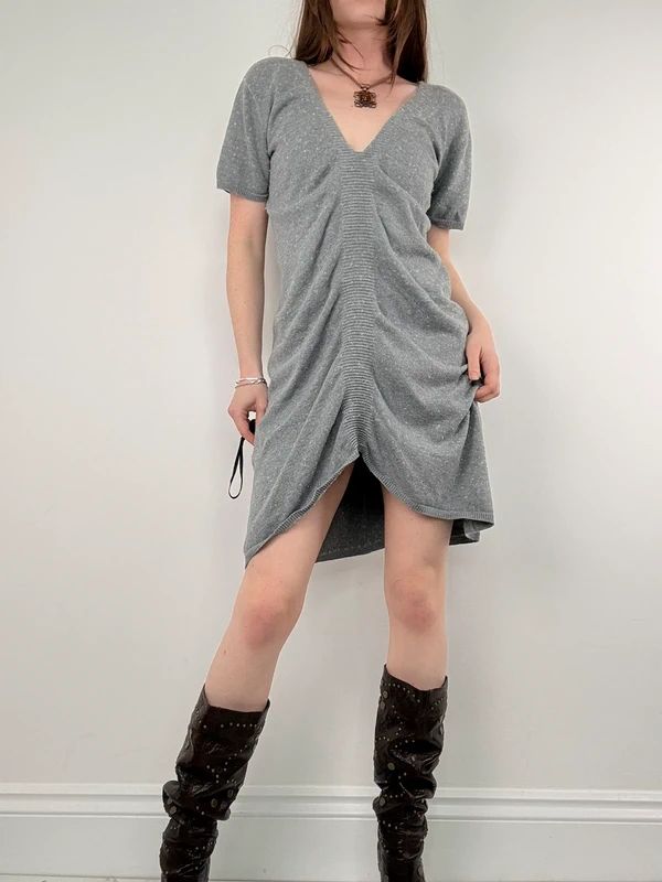 grey gathered draped front asymmetric dress