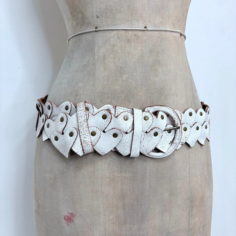 Distressed white leather heart link belt