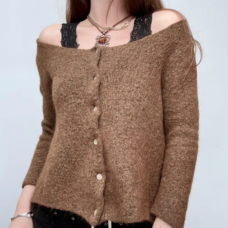 wide neck slouch brown cardigan