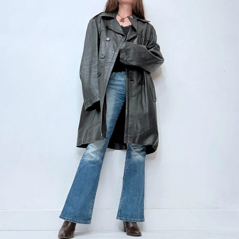 oversized black leather grunge trench coat