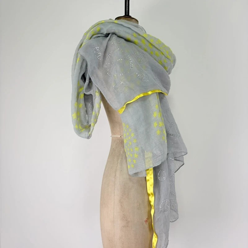 Sheer grey cotton shawl boho patchwork scarf