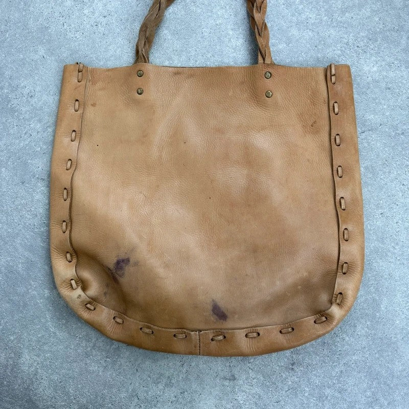Beige leather woven distressed shoulder bag