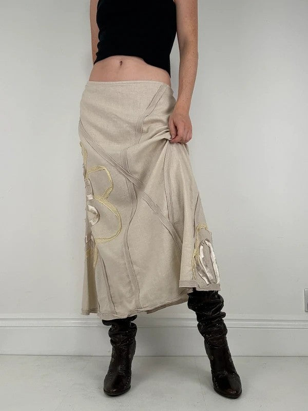 Beige linen flared flower ribbon skirt