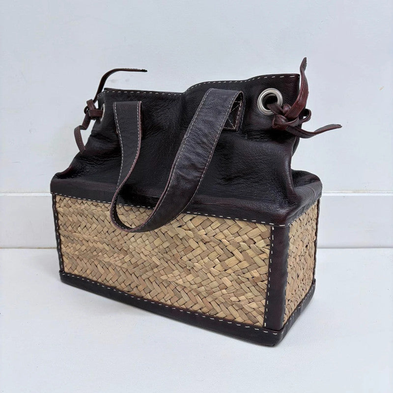 brown leather rattan basket bag