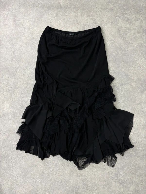 black ruffle grunge layered whimsygoth maxi skirt