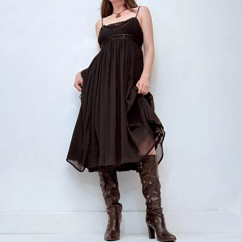 brown crinkle pleated maxi dress