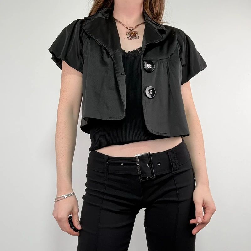 black satin cropped capped sleeve mini jacket