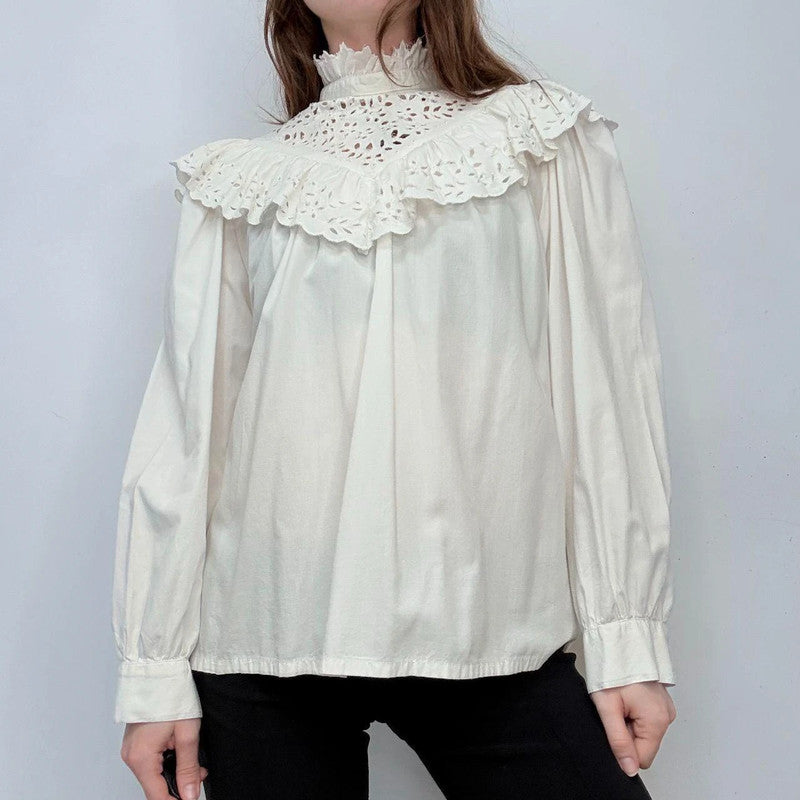 white cotton puff lace high neck shirt