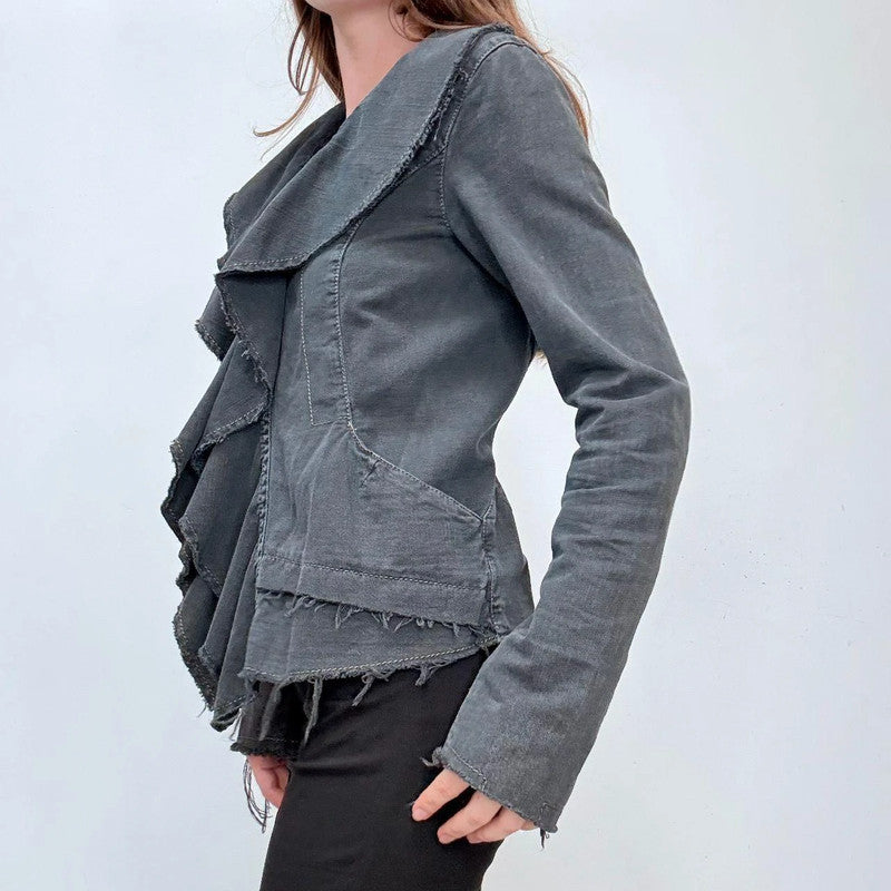 distressed black denim ruffle jacket