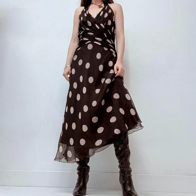 brown silk polkadot halter dress
