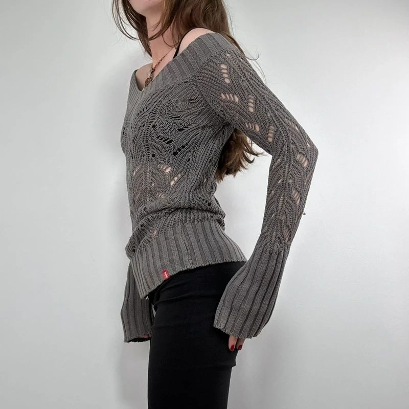 khaki lace knit off the shoulder slouchy jumper
