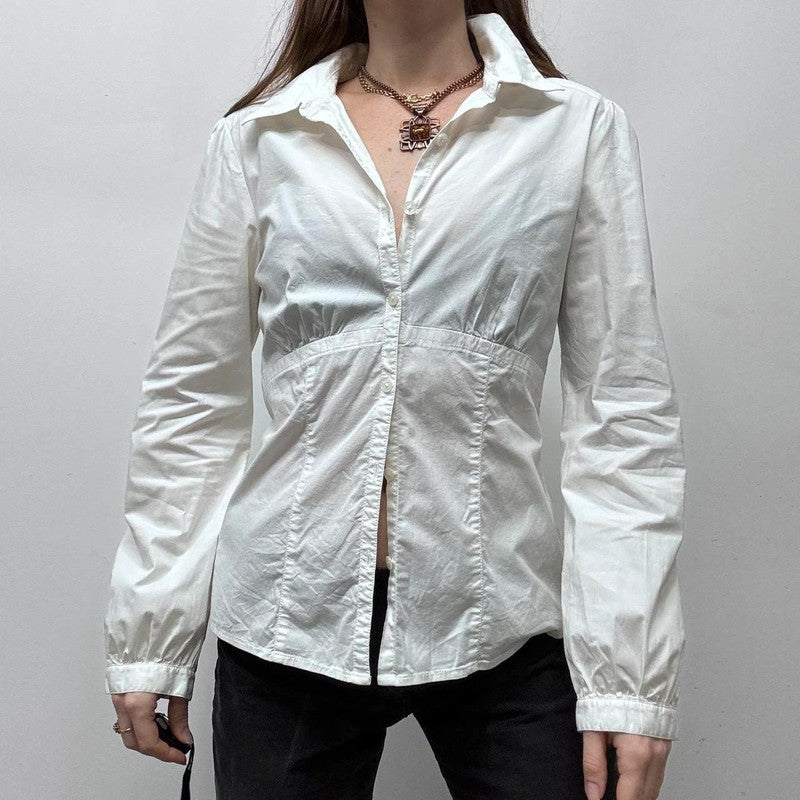 white puff sleeve button up shirt