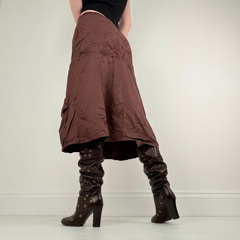 brown crinkle pleated puff skirt