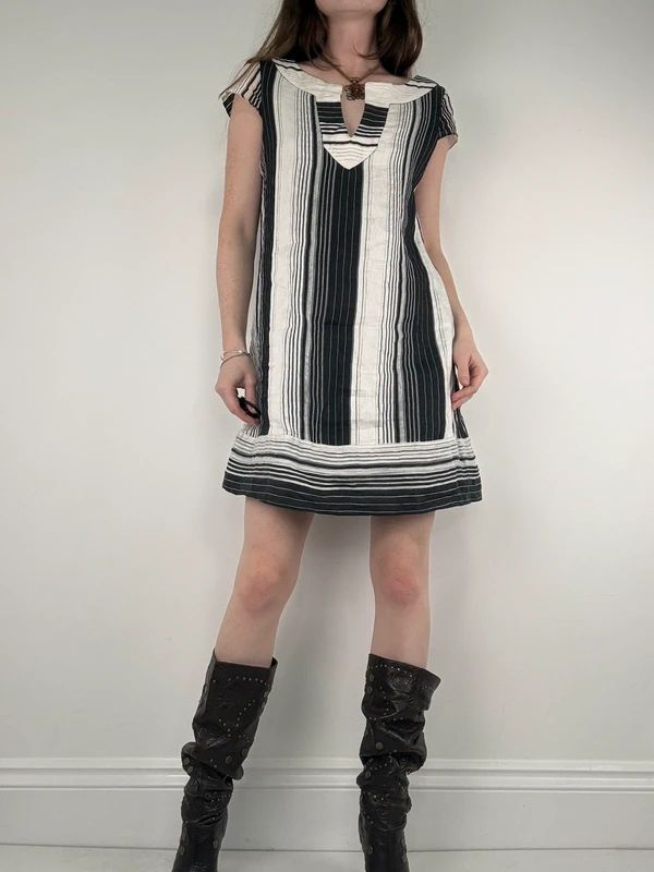 black and white linen pinstripe a-line mini dress