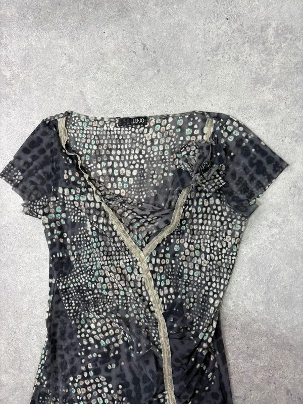 slouchy grey polkadot snake cowl neck draped mini dress