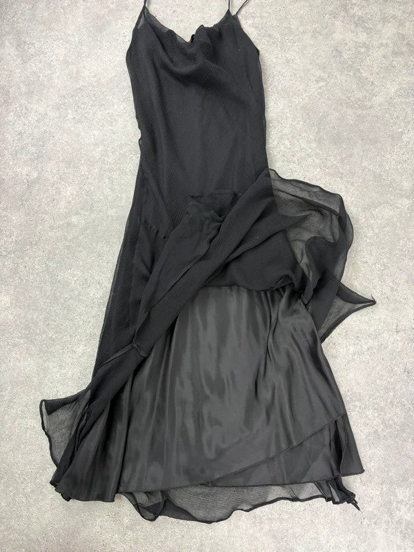black silk bias cut layered flutter dress