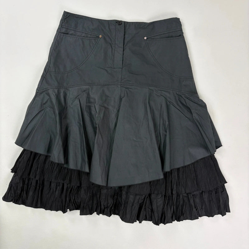 black pleated layered flared midi skirt