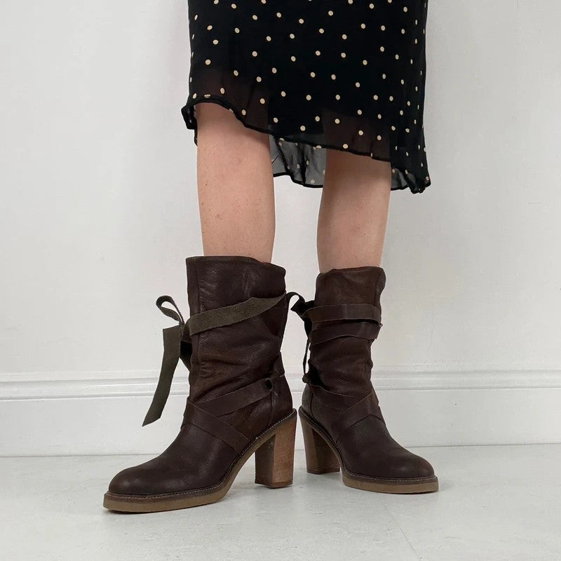 Chunky brown leather wrap around boots