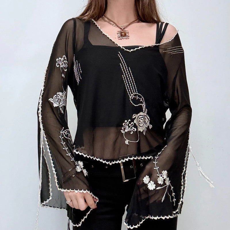 sheer flared embroidered gothic fairy shirt