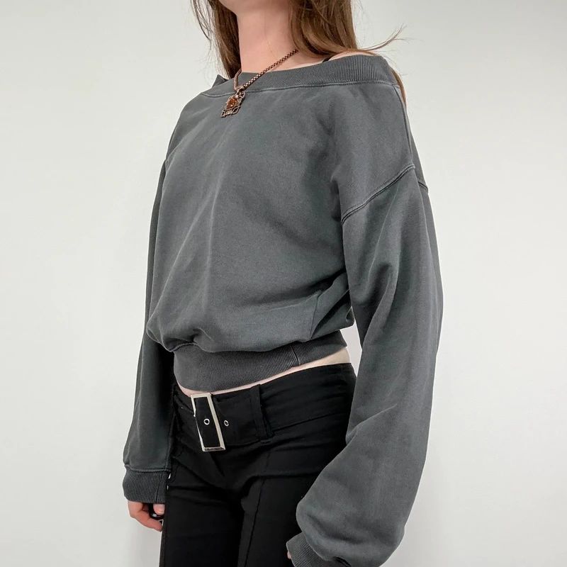 grey slash neck cropped sweater