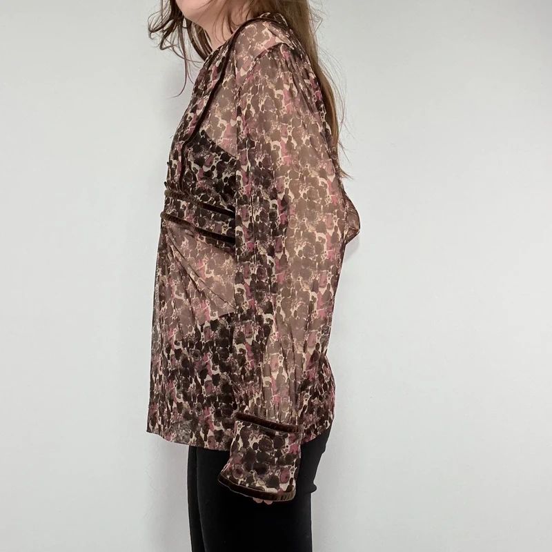 sheer brown and pink printed flared shirt