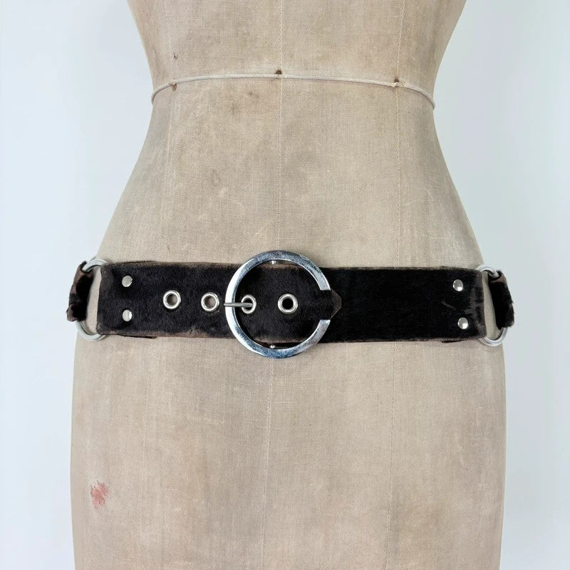 Pony hair cow hide leather chain link belt