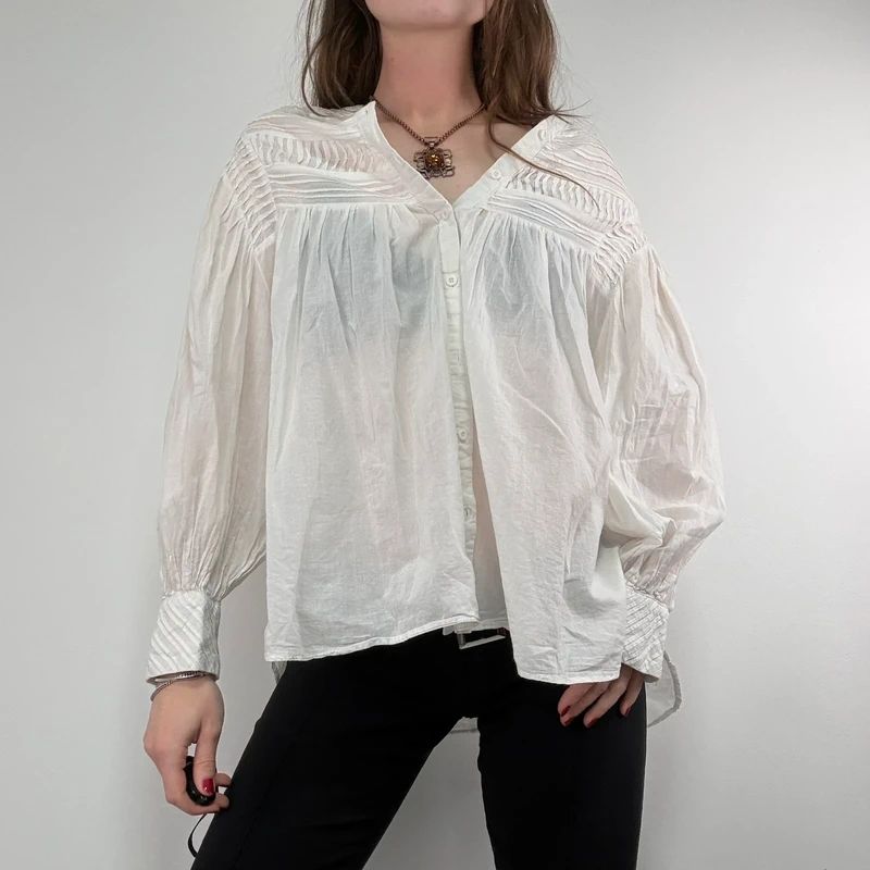 white cotton pleated flared french blouse Orfeo Paris