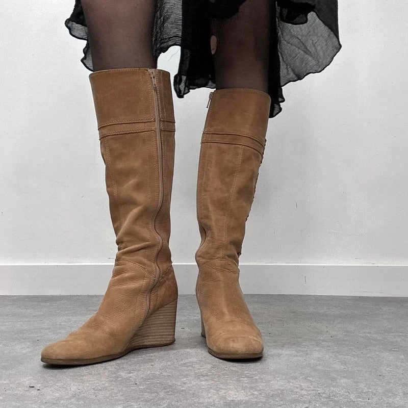 wedge heel tan leather boots