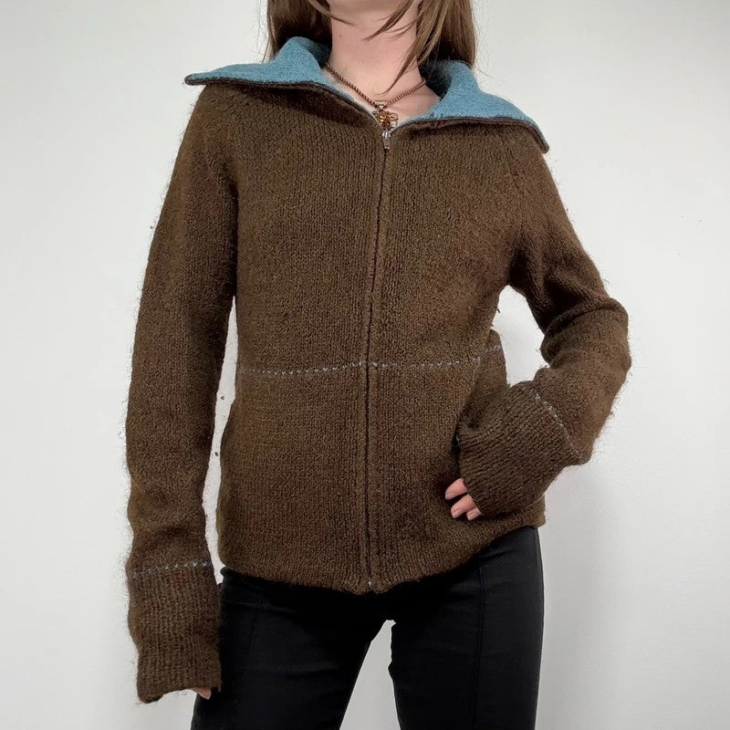 brown knit flared zip through cardigan