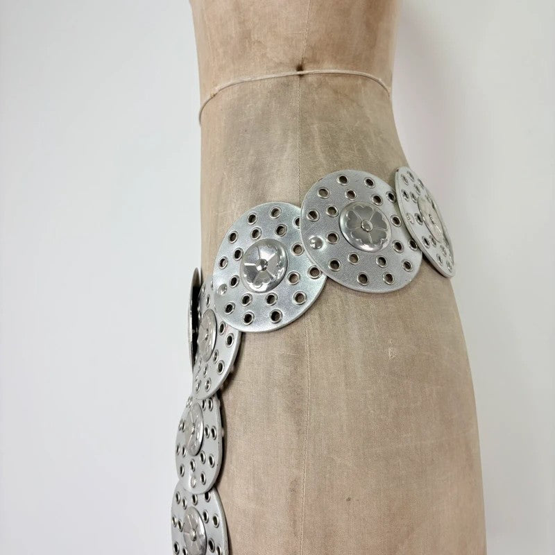 Silver leather studded circle belt