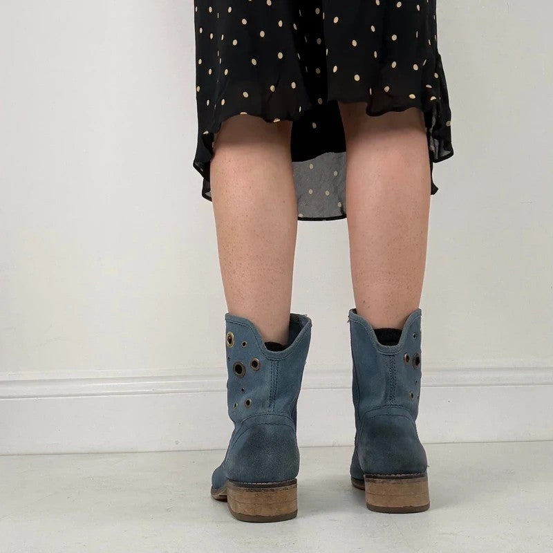 Blue suede studded eyelet ankle boots