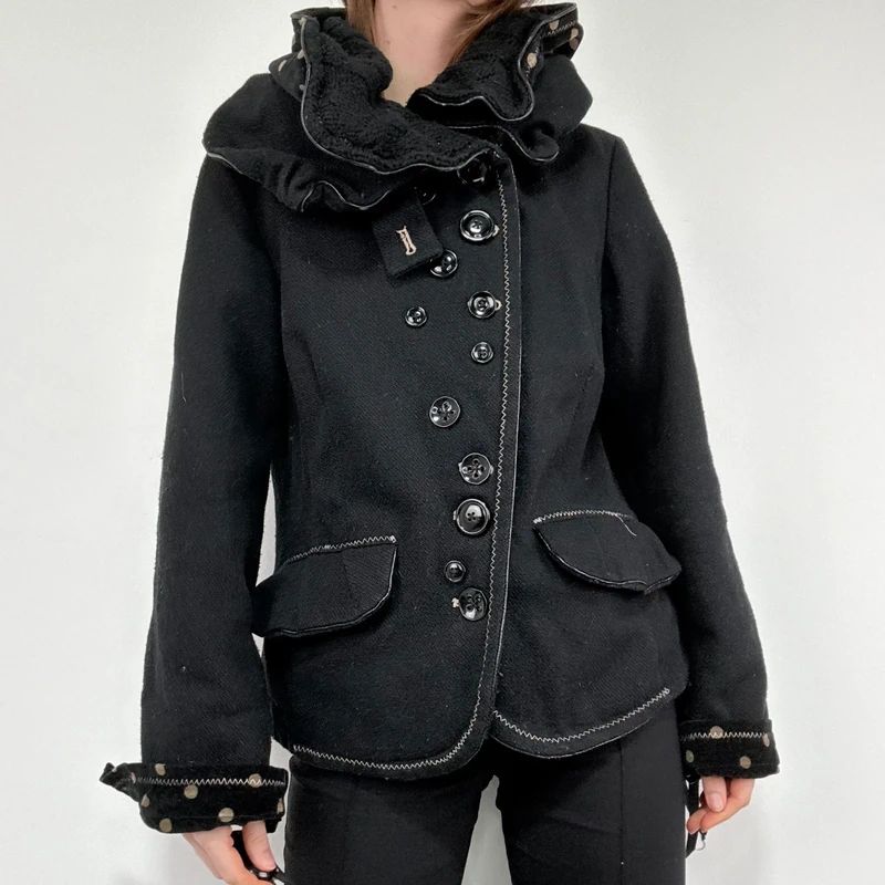 black structured asymmetric polkadot coat
