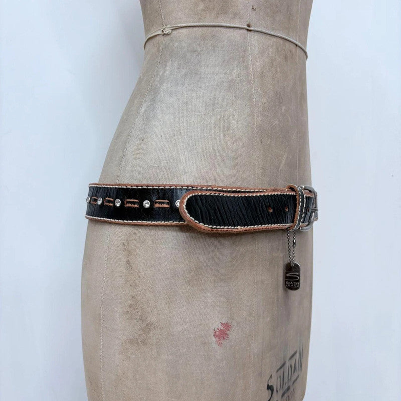 Studded leather black & tan stitch belt