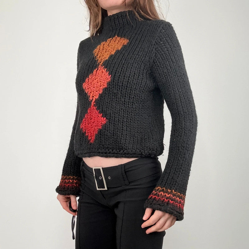 black cropped chunky knit argyle jumper