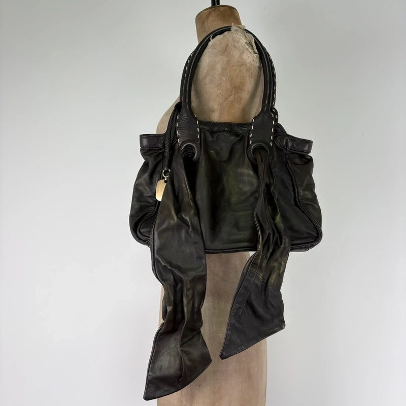 brown leather shimmer bow slouchy Y2K hobo handbag