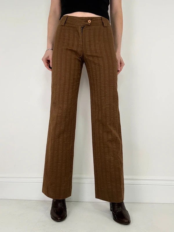 brown pinstripe wide-leg textured flare trousers