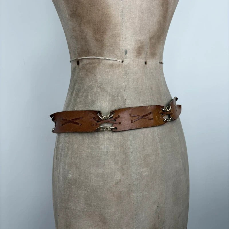 Boho tan leather belt with gold chain and tassel suede