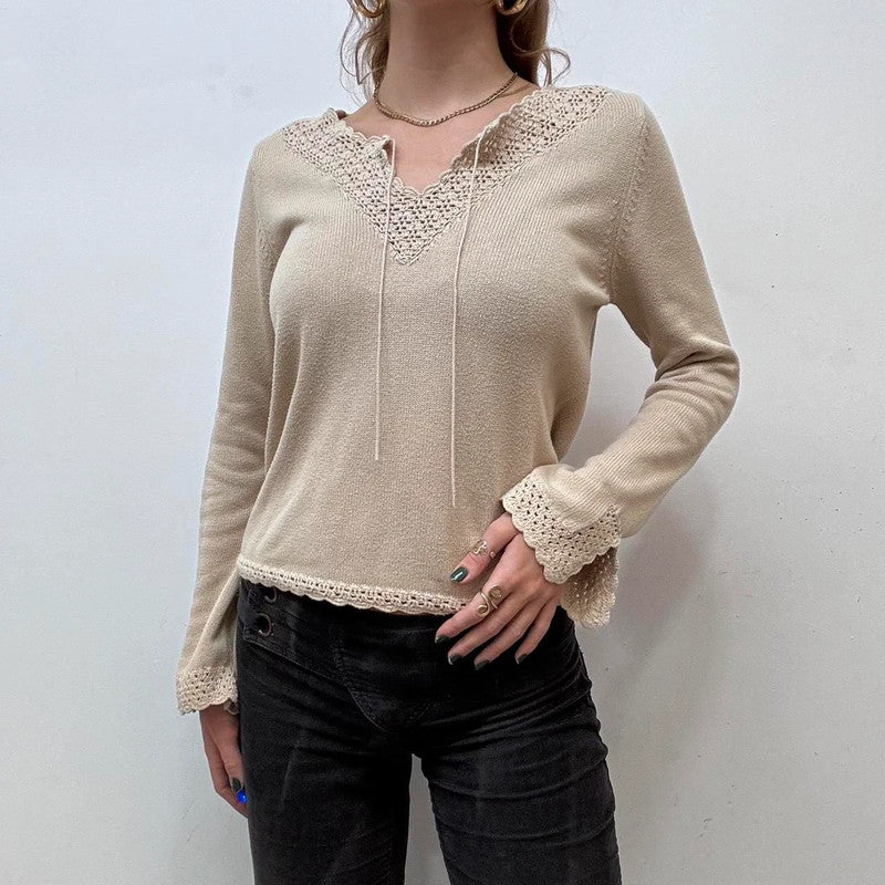 tan lace crochet flared jumper