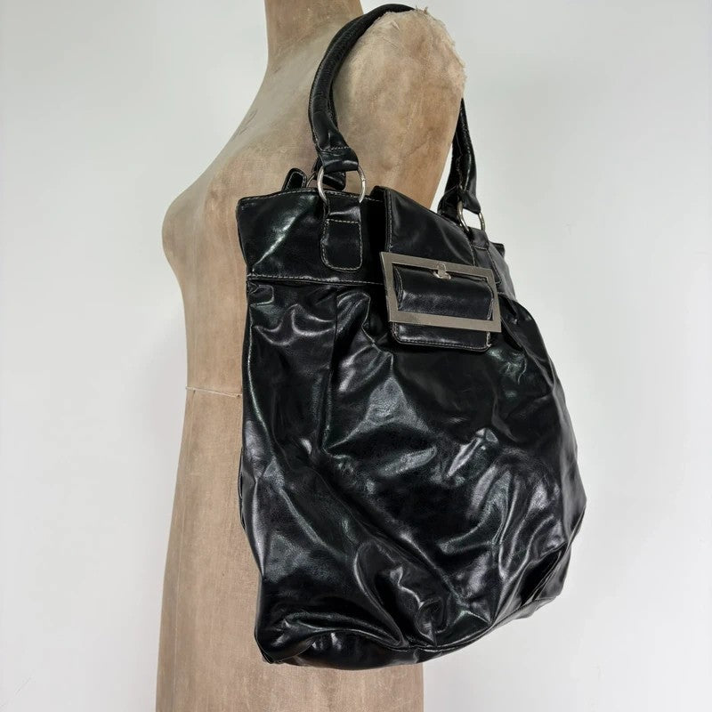 Faux leather patent black Y2K buckle bag