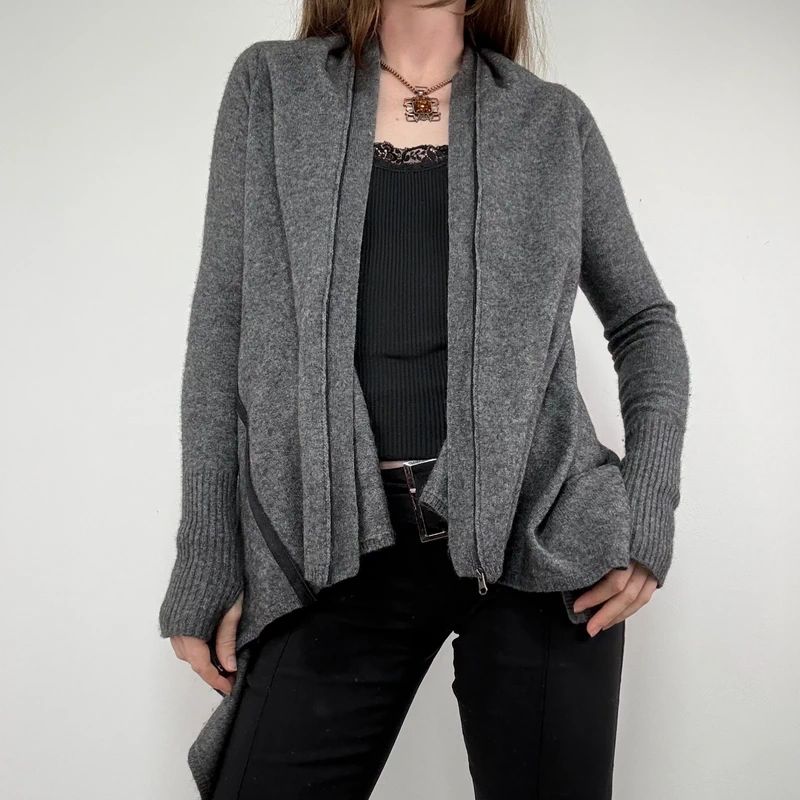 Asymmetric grey wool zip cardigan