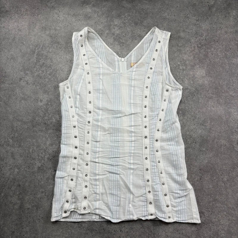 white cotton textured pinstripe popper vest top