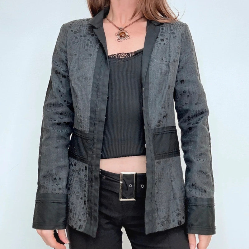 black printed distressed grunge hook and eye jacket