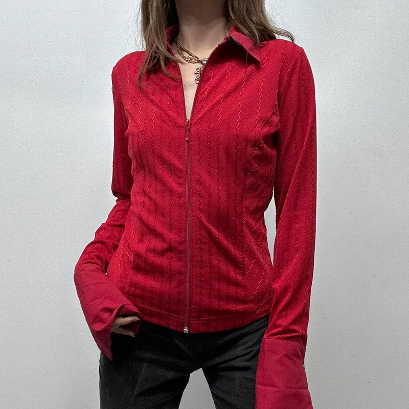 red zip up pinstripe flared shirt