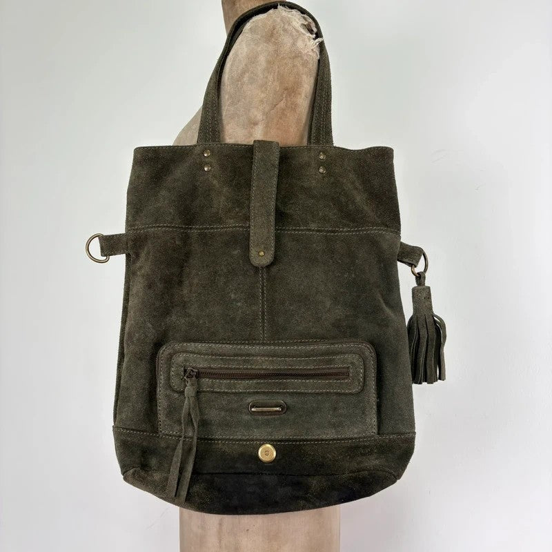 Khaki green suede leather tassel tote bag