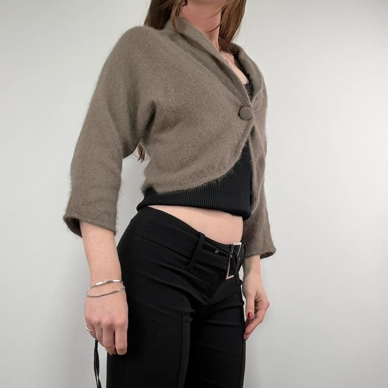 brown angora knit cropped slouchy cardigan