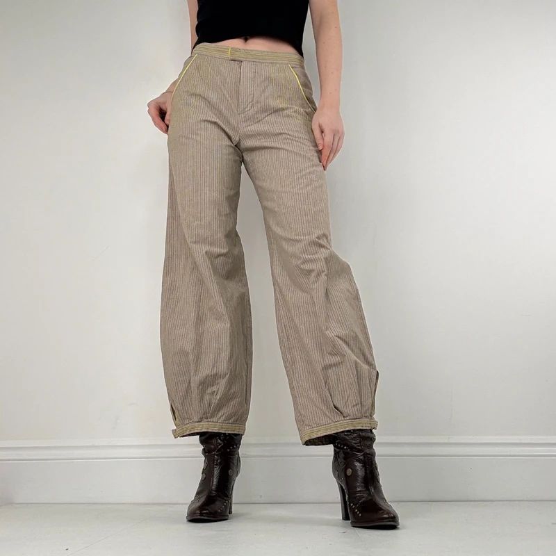 brown pinstripe pleated hem puff cotton trousers