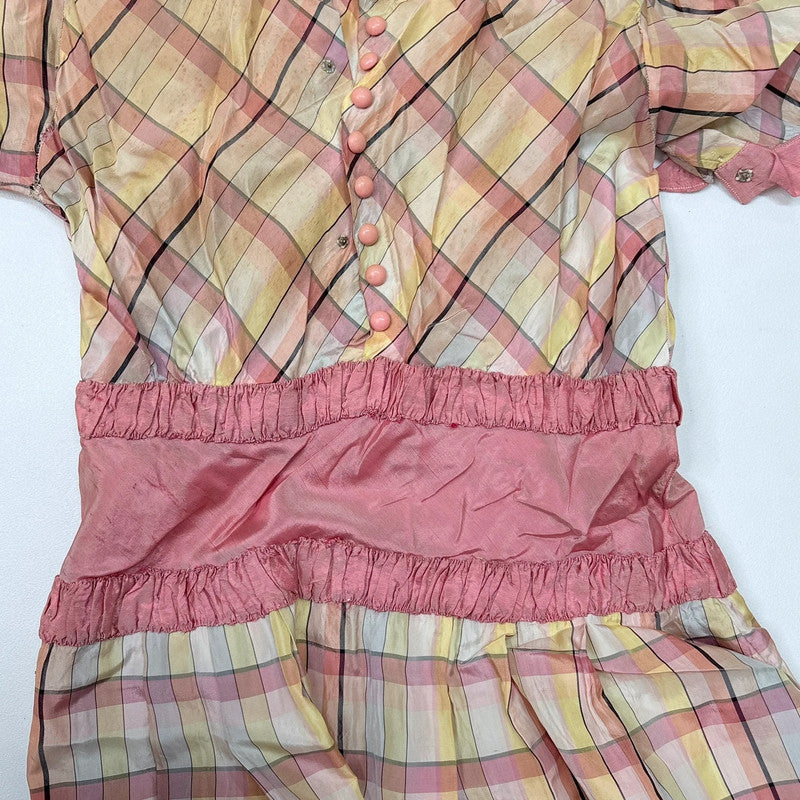 Antique preppy pink checked fitted flared pleated dress